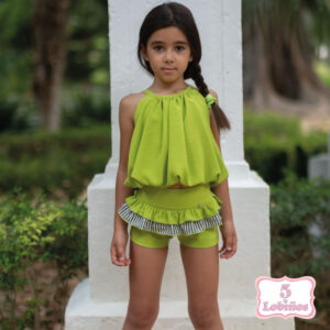 Conjunto niña pistacho short volantes nekenia y vera verano 2025