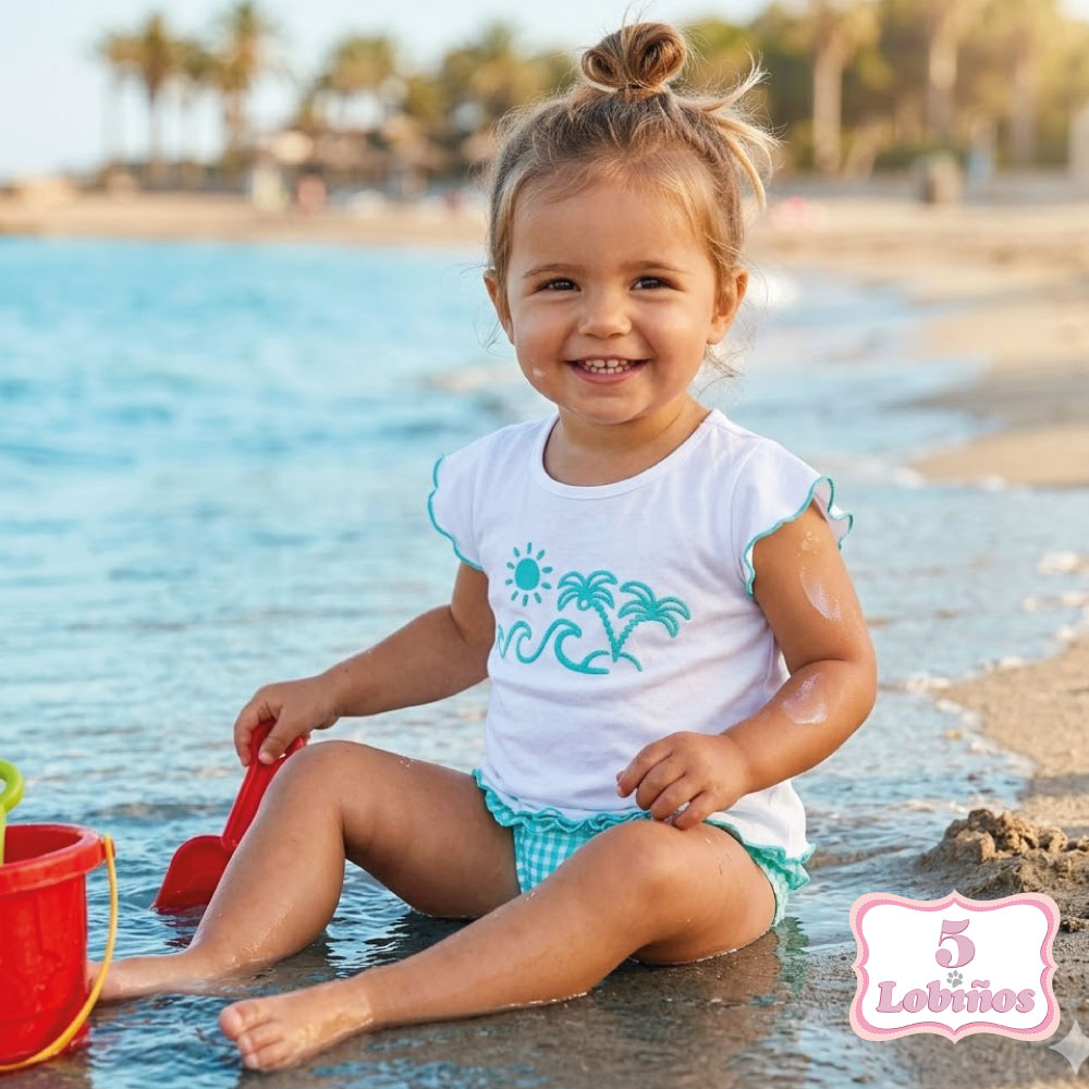 conjunto baño bebe niña palmeras verano 2026