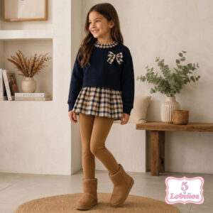 conjunto niña cuadritos marino y camel invierno 2026
