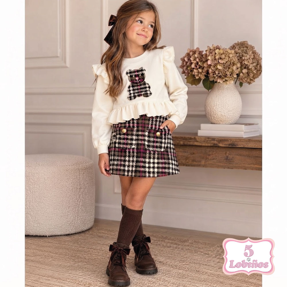 conjunto niña osito tweed beig invierno 2026