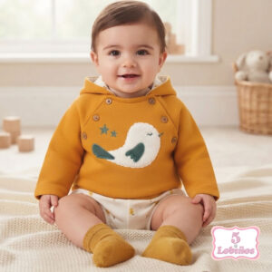 conjunto bebe niño pajarito mostaza pequeños piratas invierno 2026