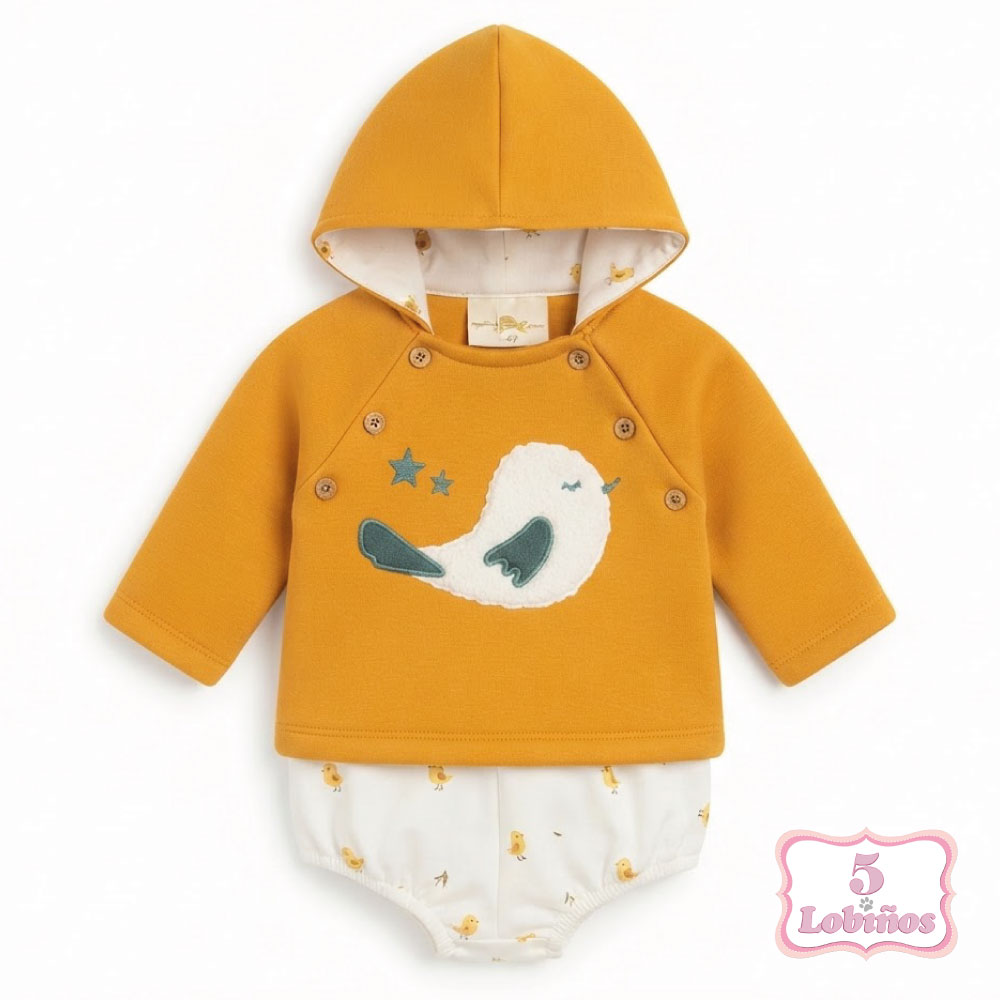 conjunto bebe niño pajarito mostaza pequeños piratas invierno 2026 1